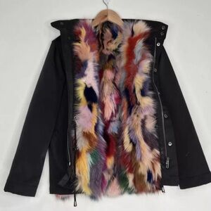 JOCELYN Multicolor Fox Fur Lined Jacket Black Silver Studded Cinch Waist Size L